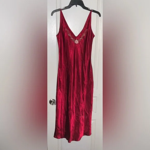 California Dynasty Floral Embroidery Trimmed Burgundy Full Length Nightgown - Picture 1 of 5